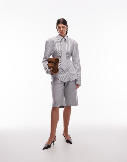 ASOS DESIGN oversized cinch waist shirt with tie in black pinstripe