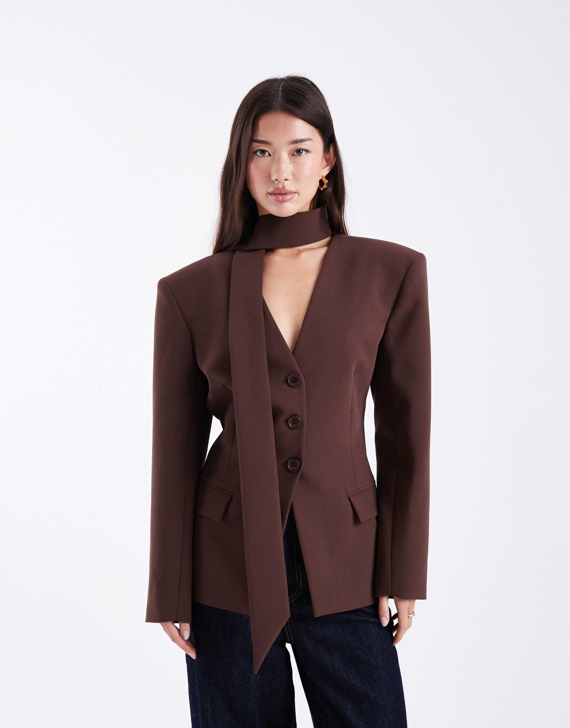 asos design cinched shoulder pads blazer with scarf in chocolate brown