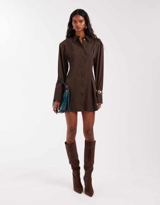 ASOS DESIGN cinched shoulder pads mini shirt dress in brown