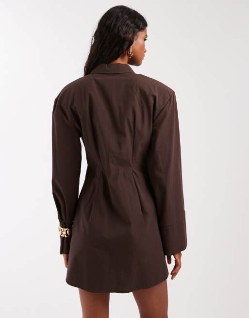 ASOS DESIGN cinched shoulder pads mini shirt dress in brown