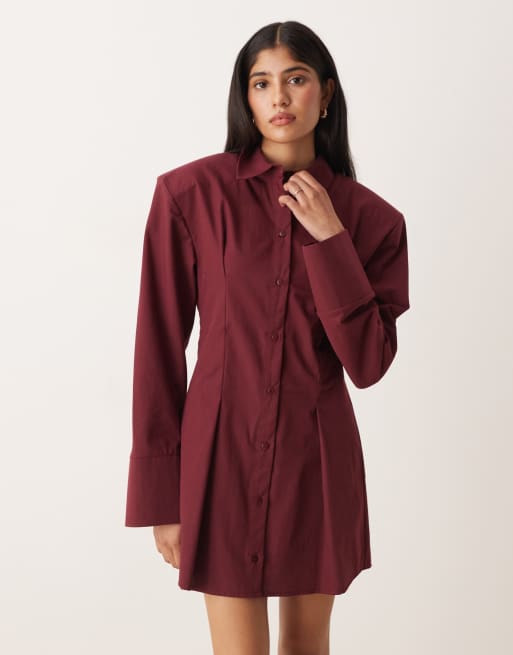 ASOS DESIGN cinched shoulder pads mini shirt dress in burgundy