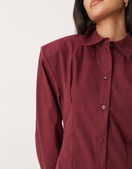 ASOS DESIGN cinched shoulder pads mini shirt dress in burgundy