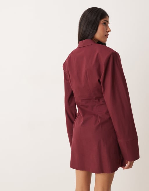 ASOS DESIGN cinched shoulder pads mini shirt dress in burgundy