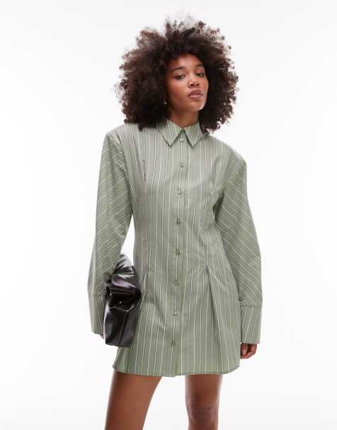 ASOS DESIGN cinched shoulder pads shirt mini dress in sage and white stripes - view 1
