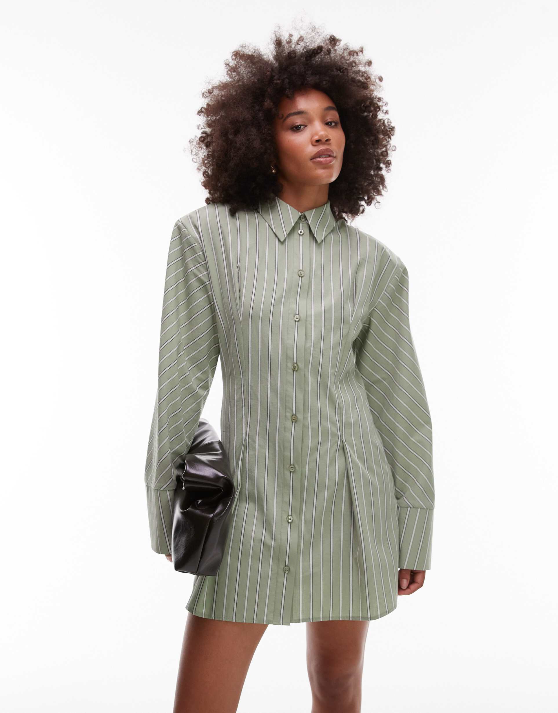 asos design cinched shoulder pads shirt mini dress in sage and white stripes