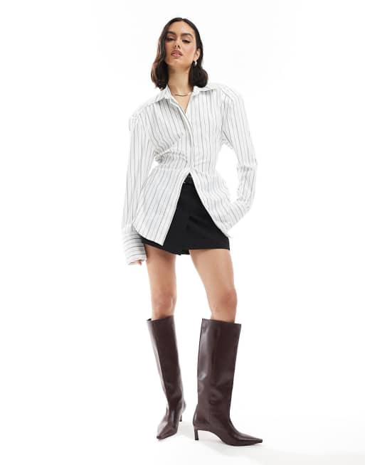 ASOS DESIGN cinch waist shirt with shoulder pads in navy pinstripe