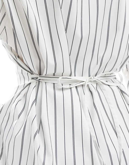 ASOS DESIGN cinch waist shirt with shoulder pads in navy pinstripe