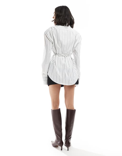 ASOS DESIGN cinch waist shirt with shoulder pads in navy pinstripe