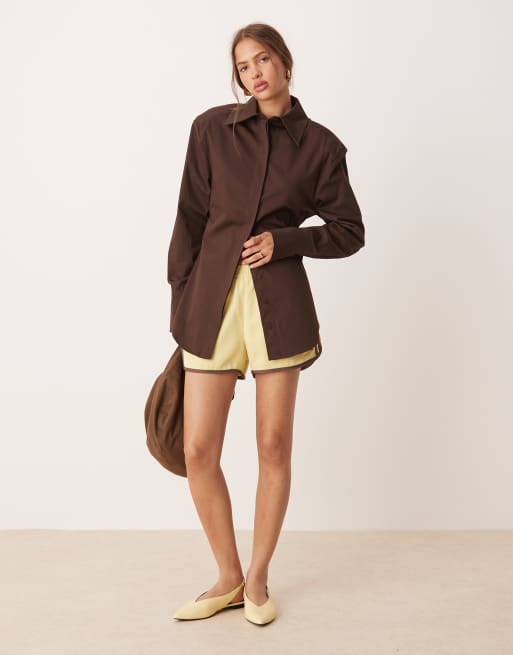 ASOS DESIGN cinched shoulder pads shirt with tie back in chocolate