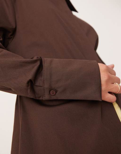 ASOS DESIGN cinched shoulder pads shirt with tie back in chocolate