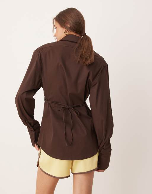 ASOS DESIGN cinched shoulder pads shirt with tie back in chocolate