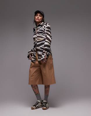 ASOS DESIGN cinched shoulder pads shirt with tie back in zebra print-Multi