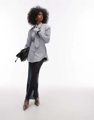 ASOS DESIGN oversized cinch waist shirt with tie in black pinstripe