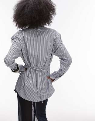 ASOS DESIGN oversized cinch waist shirt with tie in black pinstripe