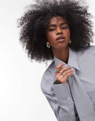 ASOS DESIGN oversized cinch waist shirt with tie in black pinstripe