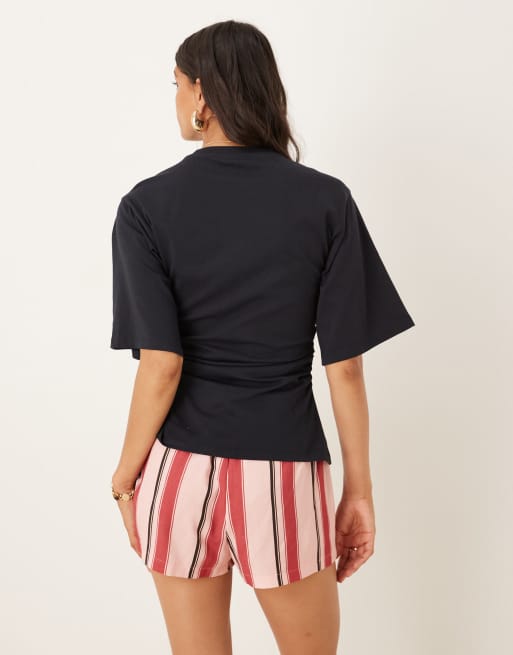ASOS DESIGN cinched side asymmetric hem tee in navy