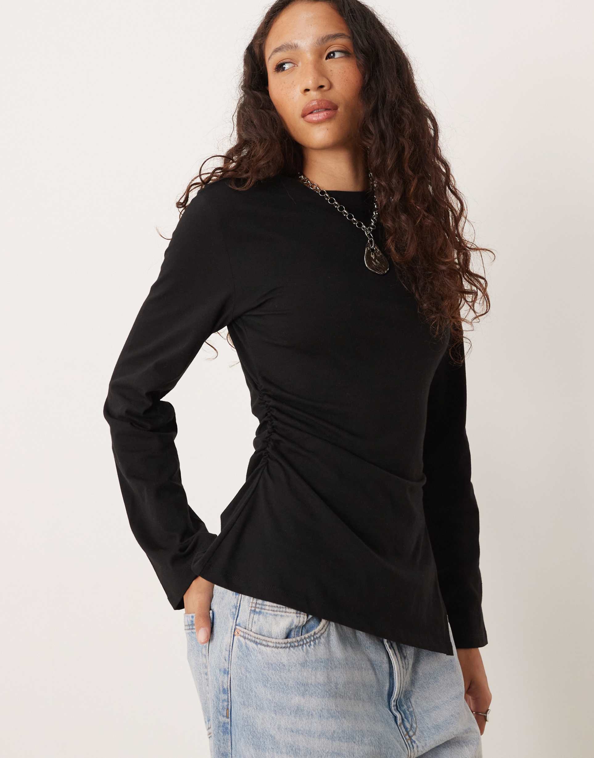 asos design cinched side asymmetric long sleeve top in black