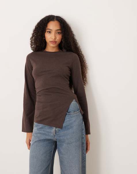 ASOS DESIGN cinched side asymmetric long sleeve top in dark chocolate - view 1