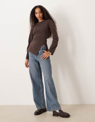 Asos Design Cinched Side Asymmetric Long Sleeve Top In Brown