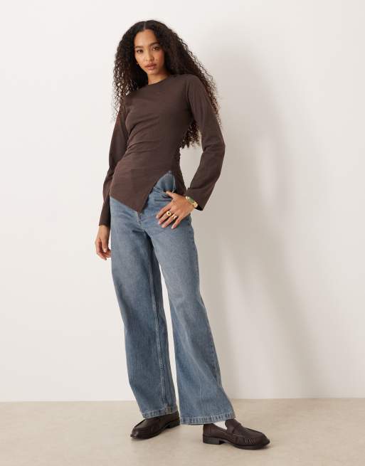 ASOS DESIGN cinched side asymmetric long sleeve top in dark chocolate