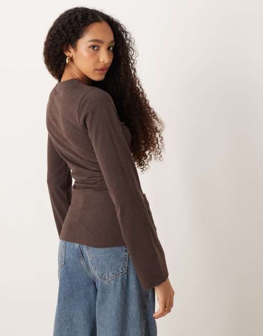 ASOS DESIGN cinched side asymmetric long sleeve top in dark chocolate