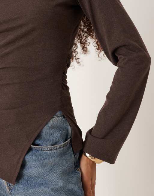ASOS DESIGN cinched side asymmetric long sleeve top in dark chocolate