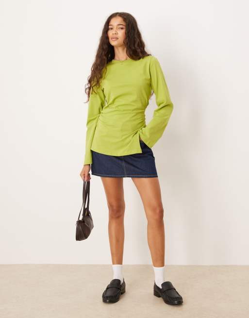 ASOS DESIGN cinched side asymmetric long sleeve top in olive
