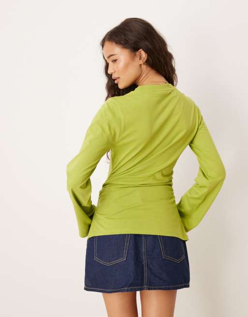 ASOS DESIGN cinched side asymmetric long sleeve top in olive