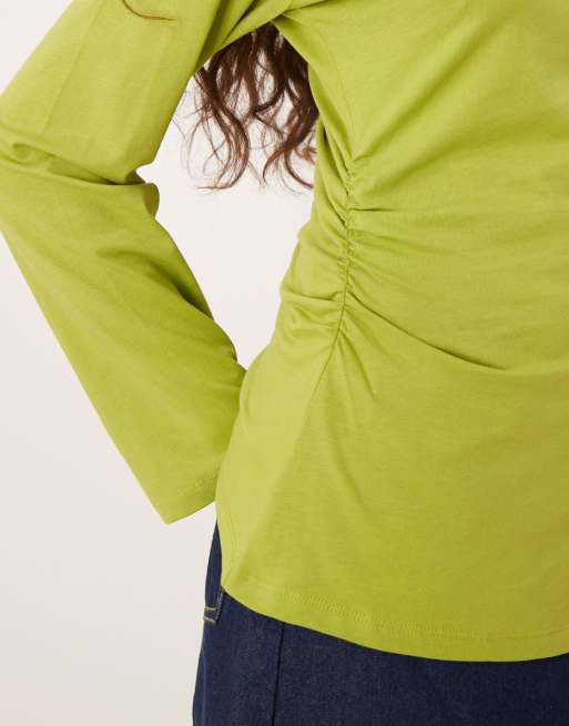 ASOS DESIGN cinched side asymmetric long sleeve top in olive