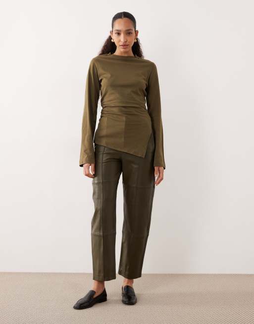 ASOS DESIGN cinched side asymmetric long sleeve top in olive, 3 of 4
