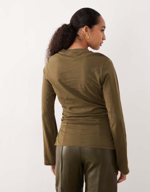 ASOS DESIGN cinched side asymmetric long sleeve top in olive, 4 of 4