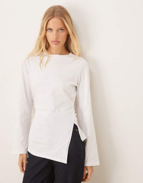 ASOS DESIGN cinched side asymmetric long sleeve top in white - view 1