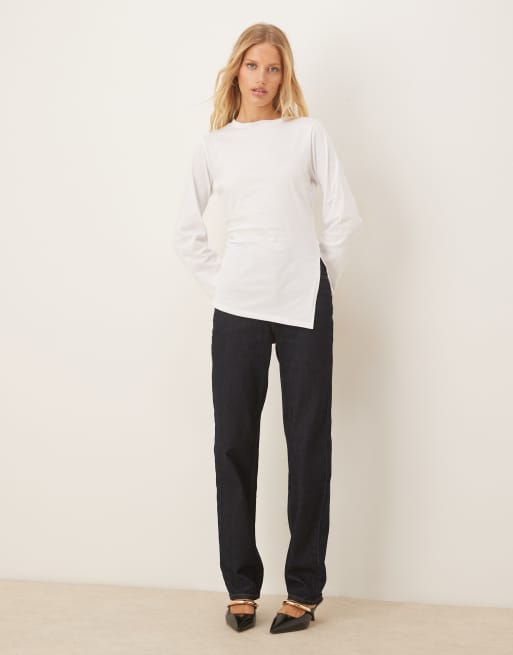 ASOS DESIGN cinched side asymmetric long sleeve top in white