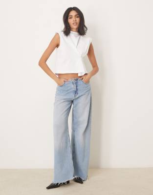 Asos Design Cinched Sleeveless Top With Grown On Neck And Shoulder Pads In White