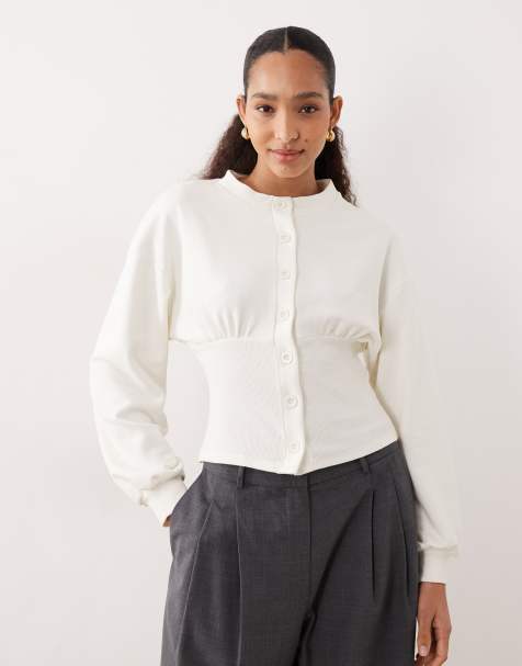 ASOS DESIGN cinched sweat button through top in ecru