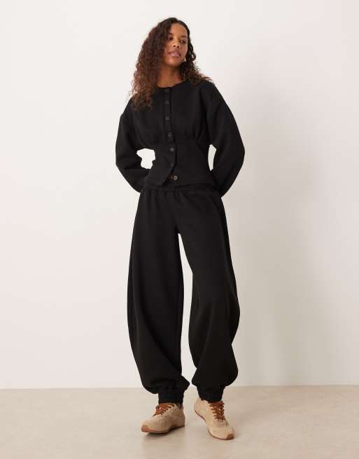 ASOS DESIGN cinched sweatshirt button up top in black - part of a set