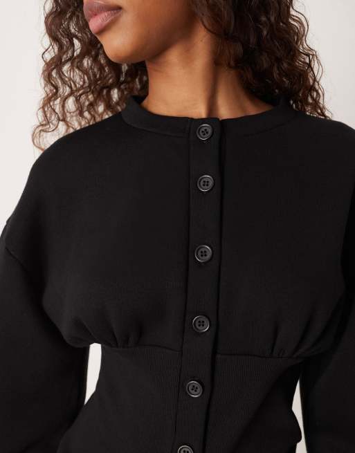 ASOS DESIGN cinched sweatshirt button up top in black - part of a set