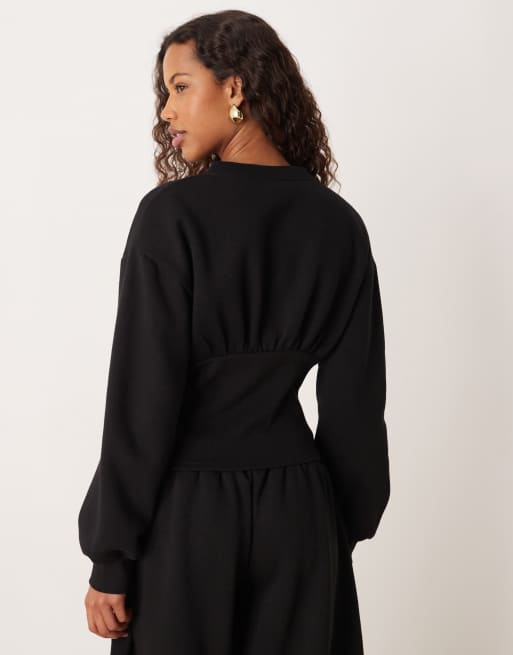 ASOS DESIGN cinched sweatshirt button up top in black - part of a set