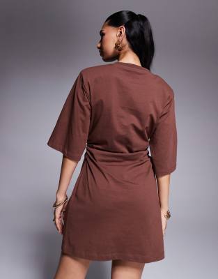 ASOS DESIGN cinched t-shirt mini dress with shoulder pads in brown