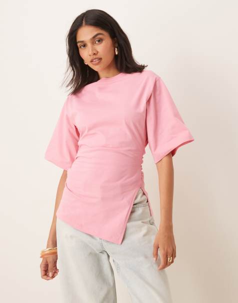 ASOS DESIGN cinched t shirt with asymmetric hem in pink - view 1