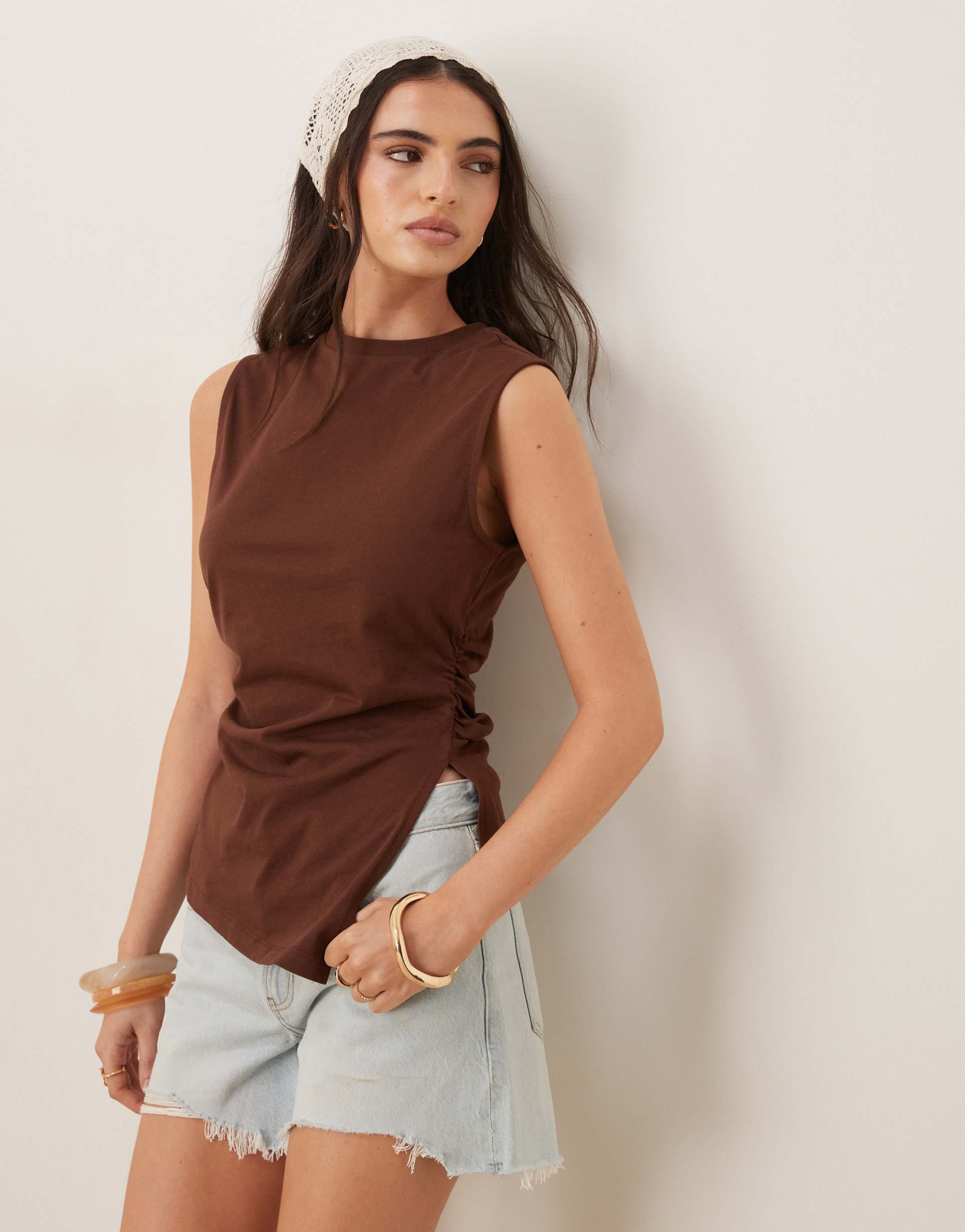 asos design cinched tank top with asymmetric hem in