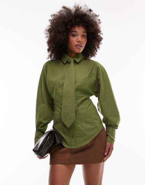 ASOS DESIGN cinched tie detail shirt in olive - view 1