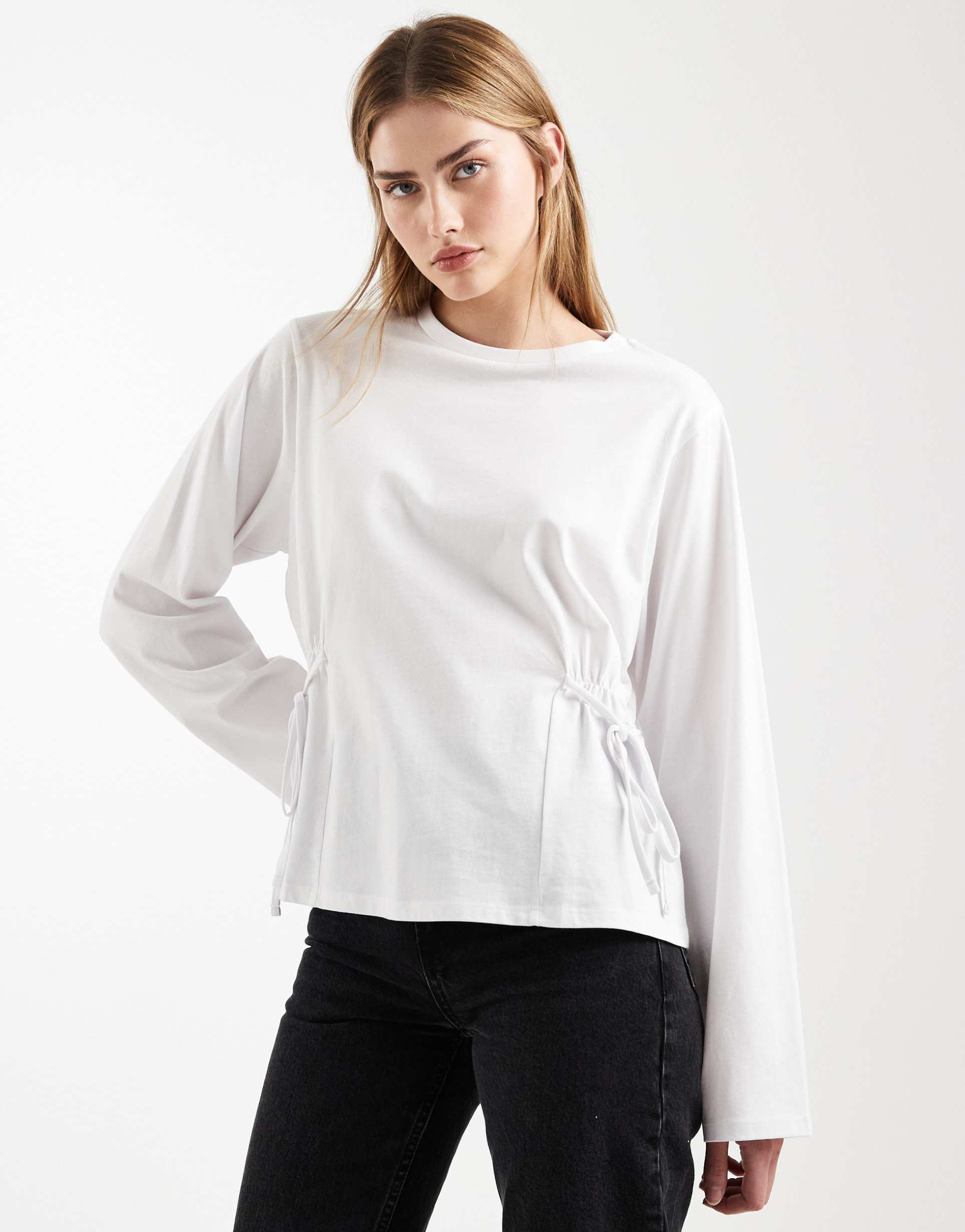 asos design cinched tie side detailing long sleeve tee in white