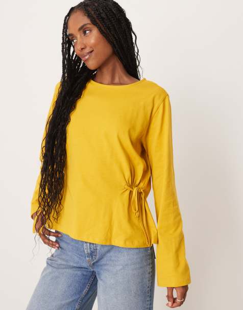 ASOS DESIGN cinched tie side long sleeve top in ochre - view 1