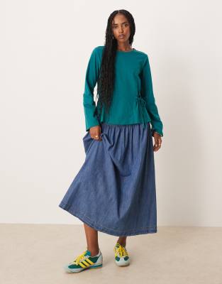 Asos Design Cinched Tie Side Long Sleeve Top In Blue