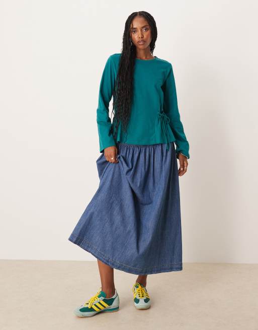 ASOS DESIGN cinched tie side long sleeve top in teal