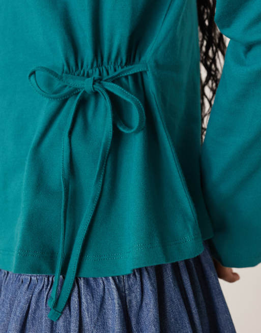 ASOS DESIGN cinched tie side long sleeve top in teal