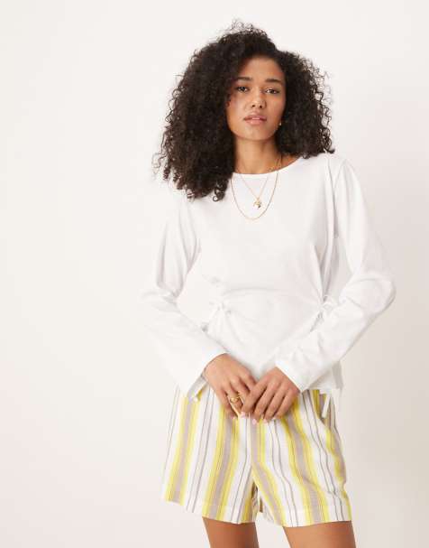 ASOS DESIGN cinched tie side long sleeve top in white - view 1