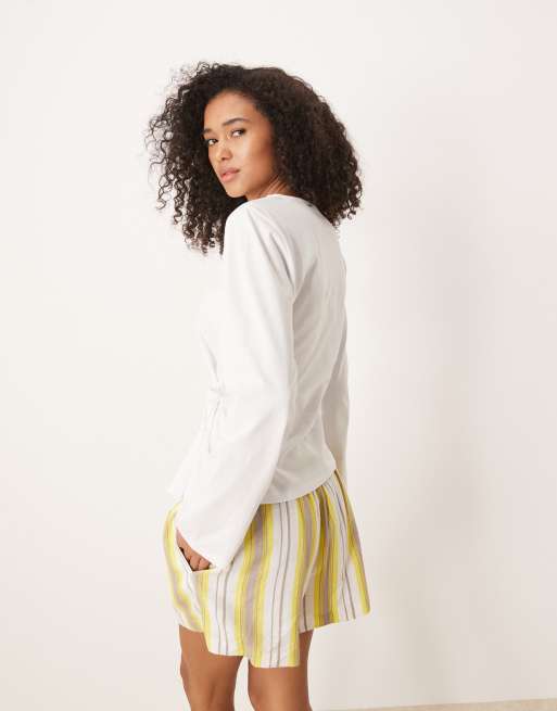 ASOS DESIGN cinched tie side long sleeve top in white
