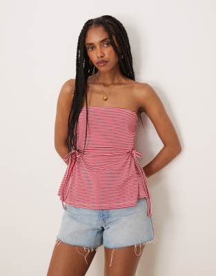ASOS DESIGN cinched tie sides bandeau top in red stripes